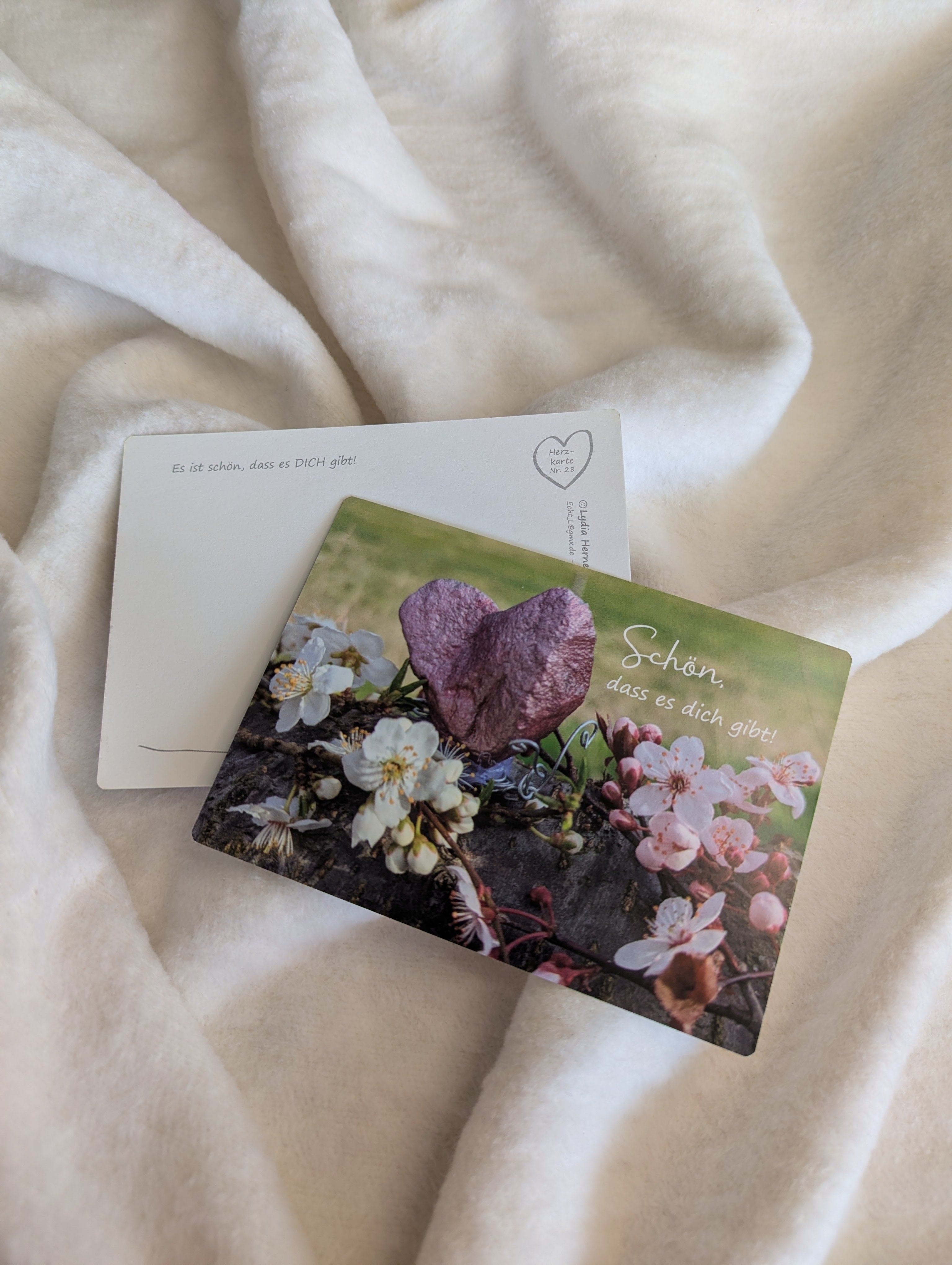 Postkarte "Schön dass es dich gibt" – rosé Steinherz als Schmetterling zwischen zarten Kirschblüten